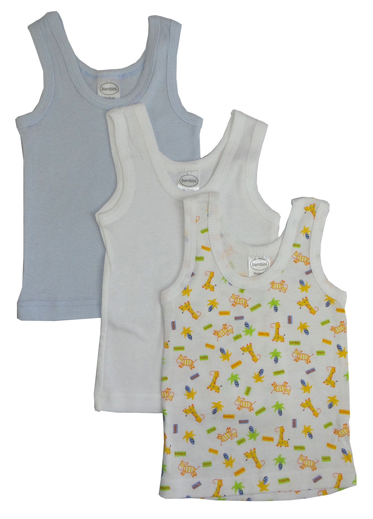 Boys Printed Tank Top Variety 3 Pack featuring colorful and playful designs in 100% cotton fabric.