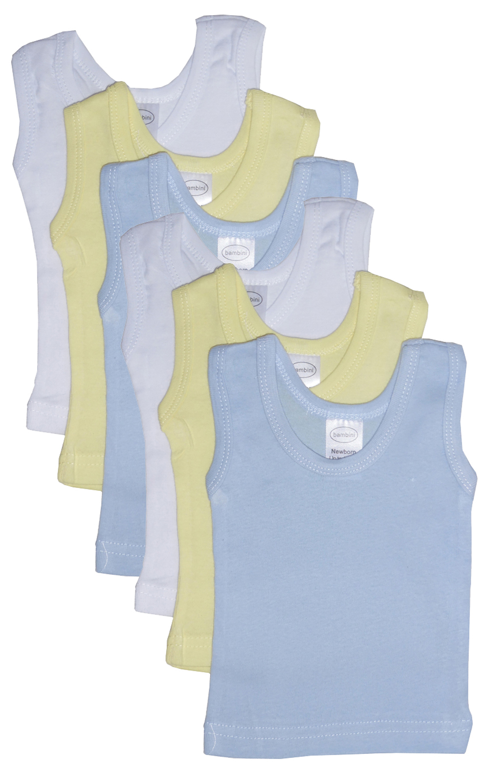 A collection of six pastel tank tops for boys, showcasing soft cotton fabric in various light colors, perfect for spring and Easter.