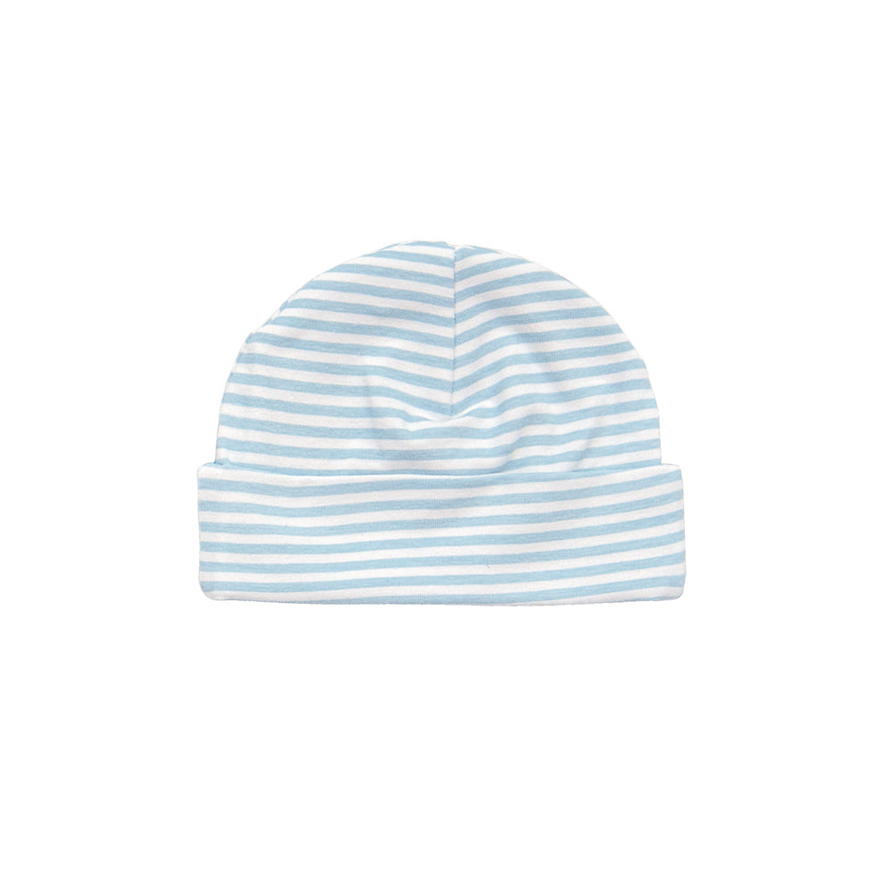 Bubbles Baby Boy Cap in blue, soft fabric, perfect for infants, styled with matching gown and blanket.