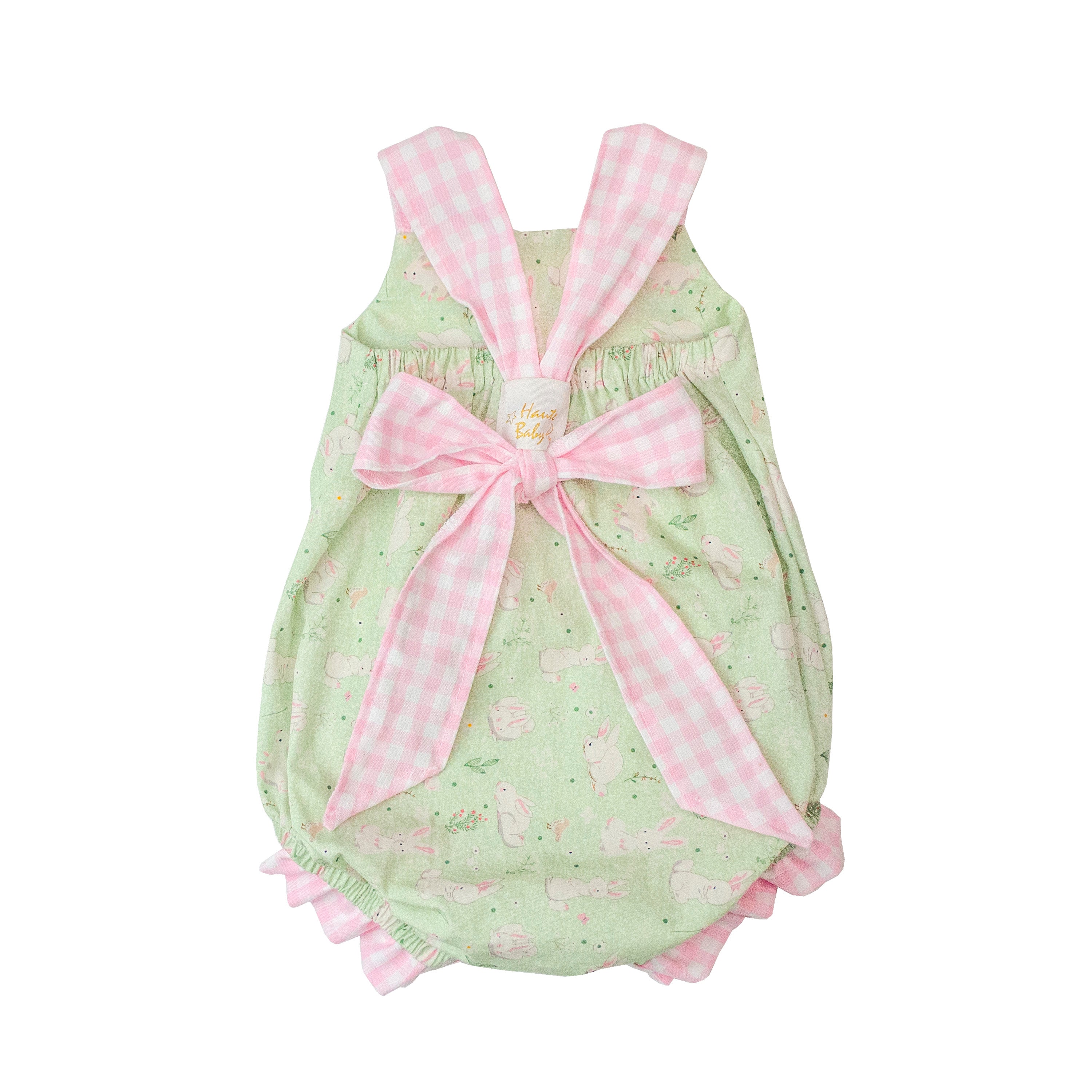 Bunny Love Little Girls Easter Romper with pink ruffles and sash tie, perfect for Easter celebrations.