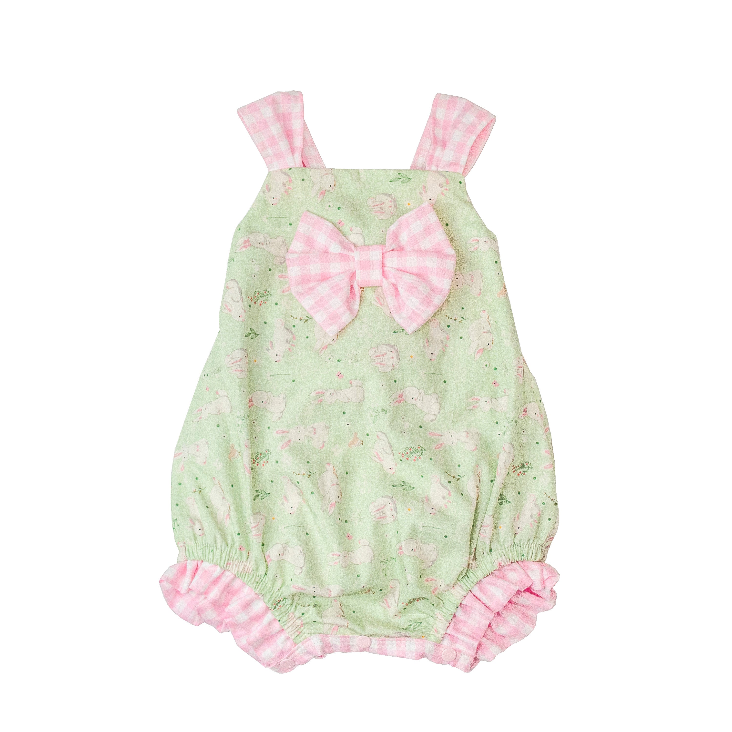 Bunny Love Little Girls Easter Romper with pink ruffles and sash tie, perfect for Easter celebrations.