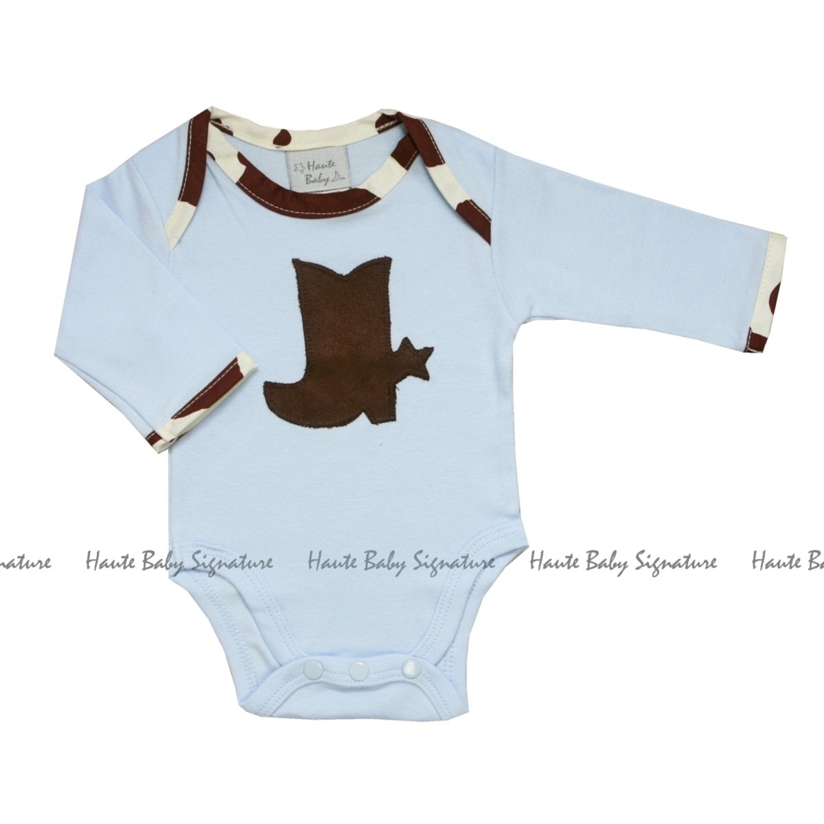 Chuckwagon Gang Baby Boy LS Onesie featuring a cowboy design, long sleeves, and snap closure, perfect for comfort and style.