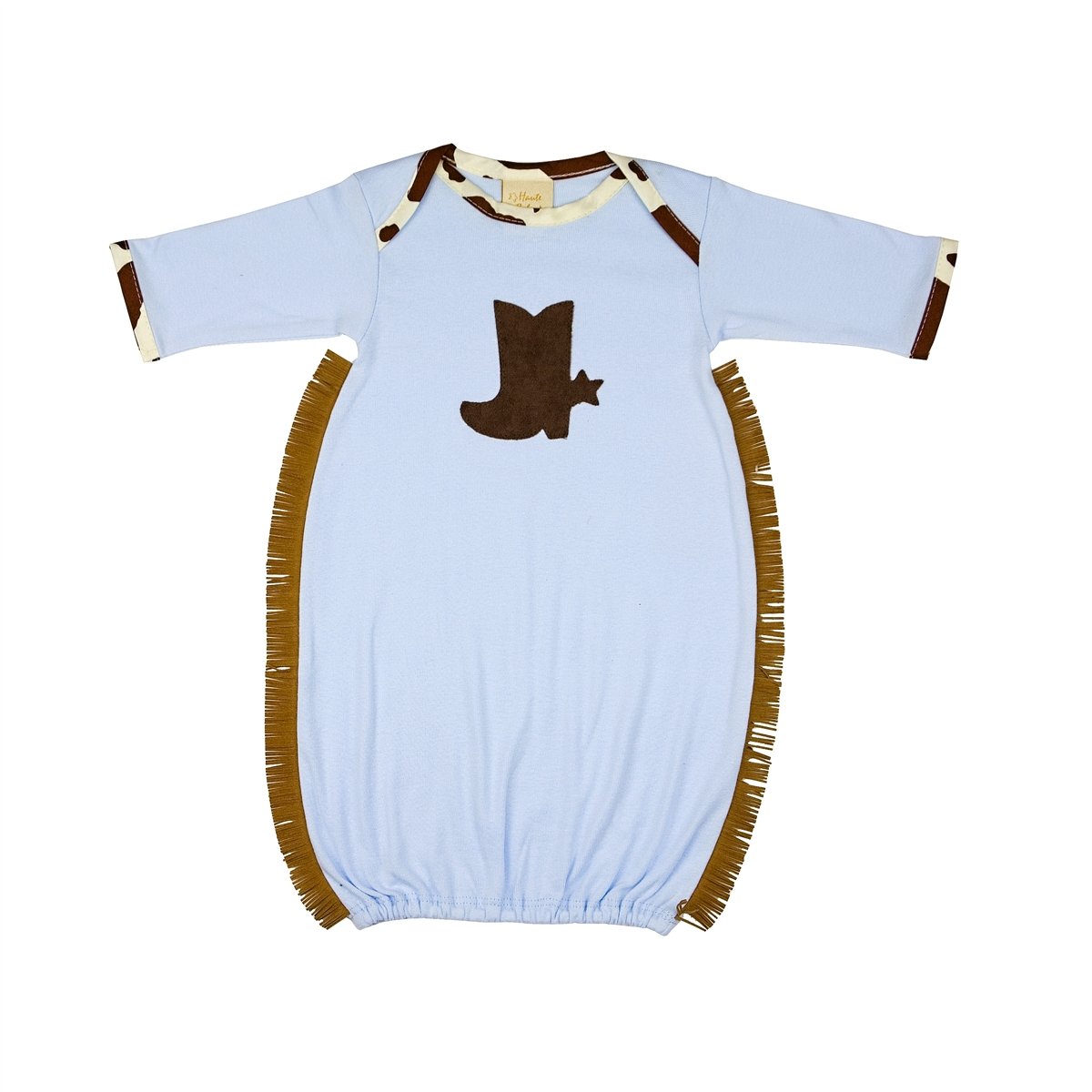 Chuckwagon Gang Newborn Boys Gown featuring cowboy motifs in soft fabric, perfect for baby boys.