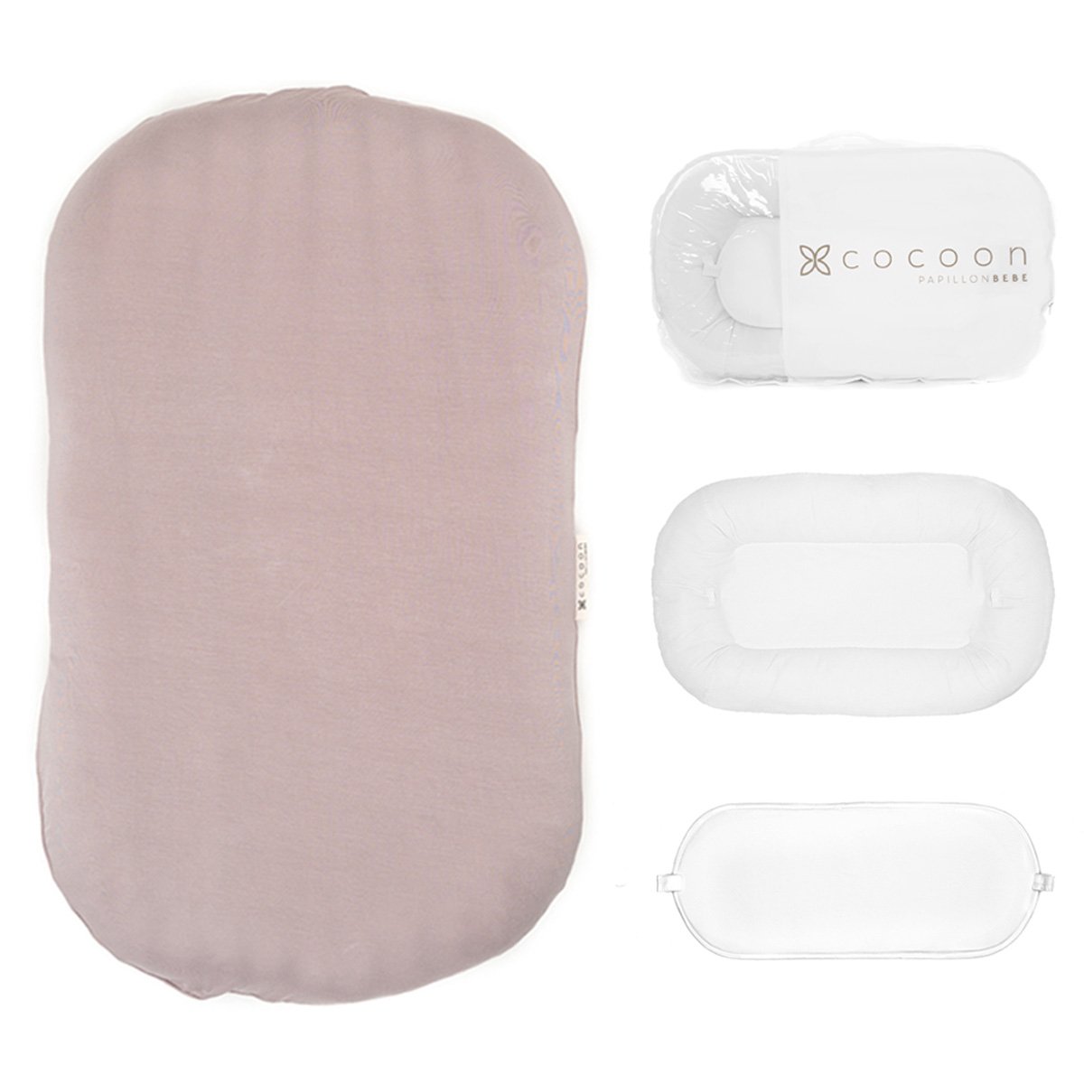 A cozy COCOON & COVER baby lounger in a soft color, featuring a removable liner and a custom-fit traveling case, designed for infants aged 0-36 months.