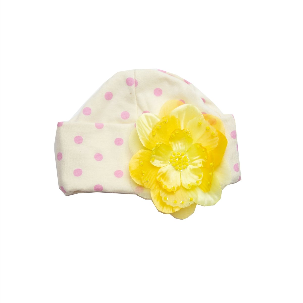 Daisy Bloom Newborn Girls Cap featuring a floral design, soft fabric, and a comfortable fit for infants.