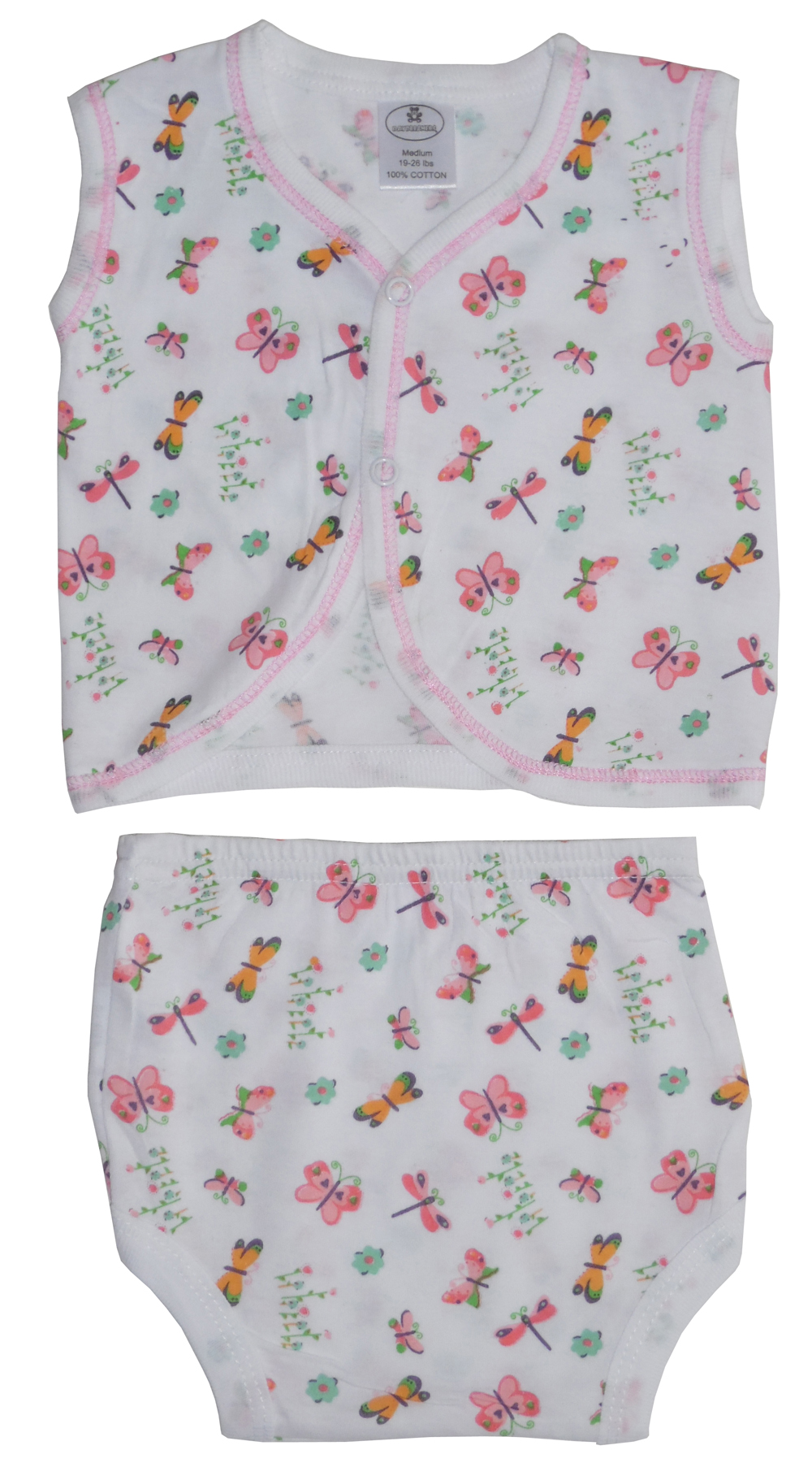 Infant Diaper Shirt and Panty set in assorted blue and pink prints, featuring absorbent padding and soft cotton fabric, perfect for keeping babies dry and comfortable.