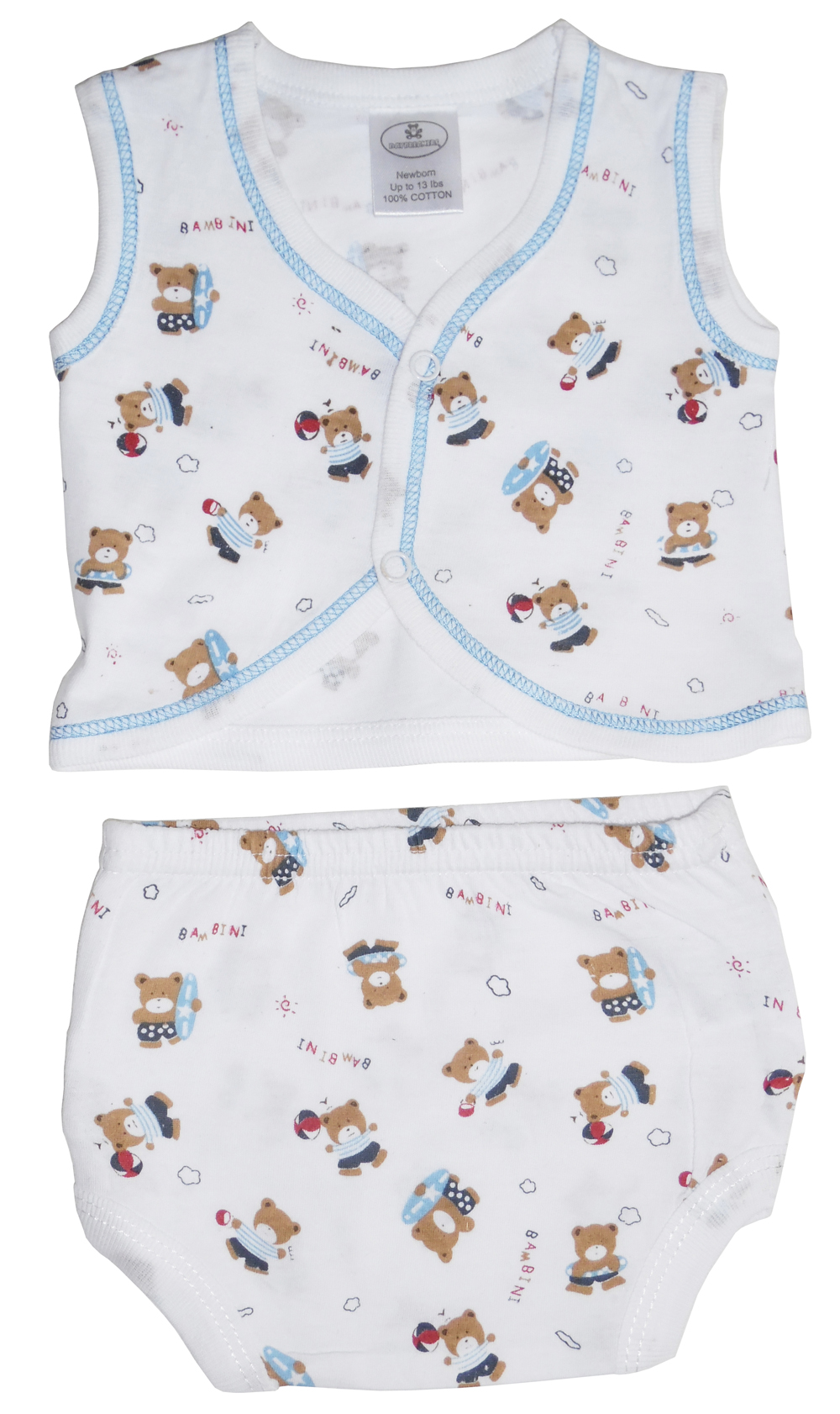 Infant Diaper Shirt and Panty set in assorted blue and pink prints, featuring absorbent padding and soft cotton fabric for comfort.