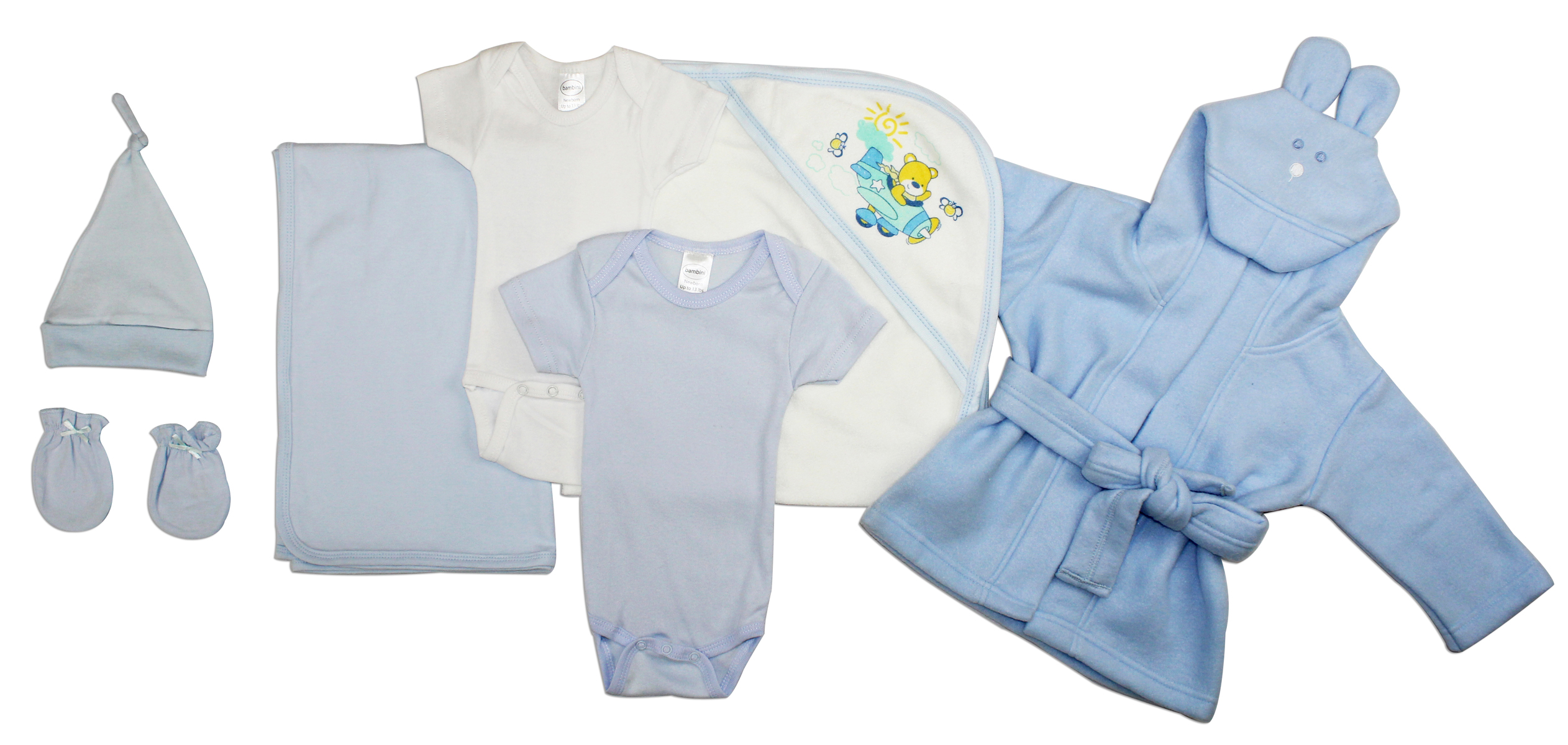 Essential Newborn Baby Boy 7 Piece Layette Set featuring soft cotton bodysuits with expandable necklines and front snap closures.