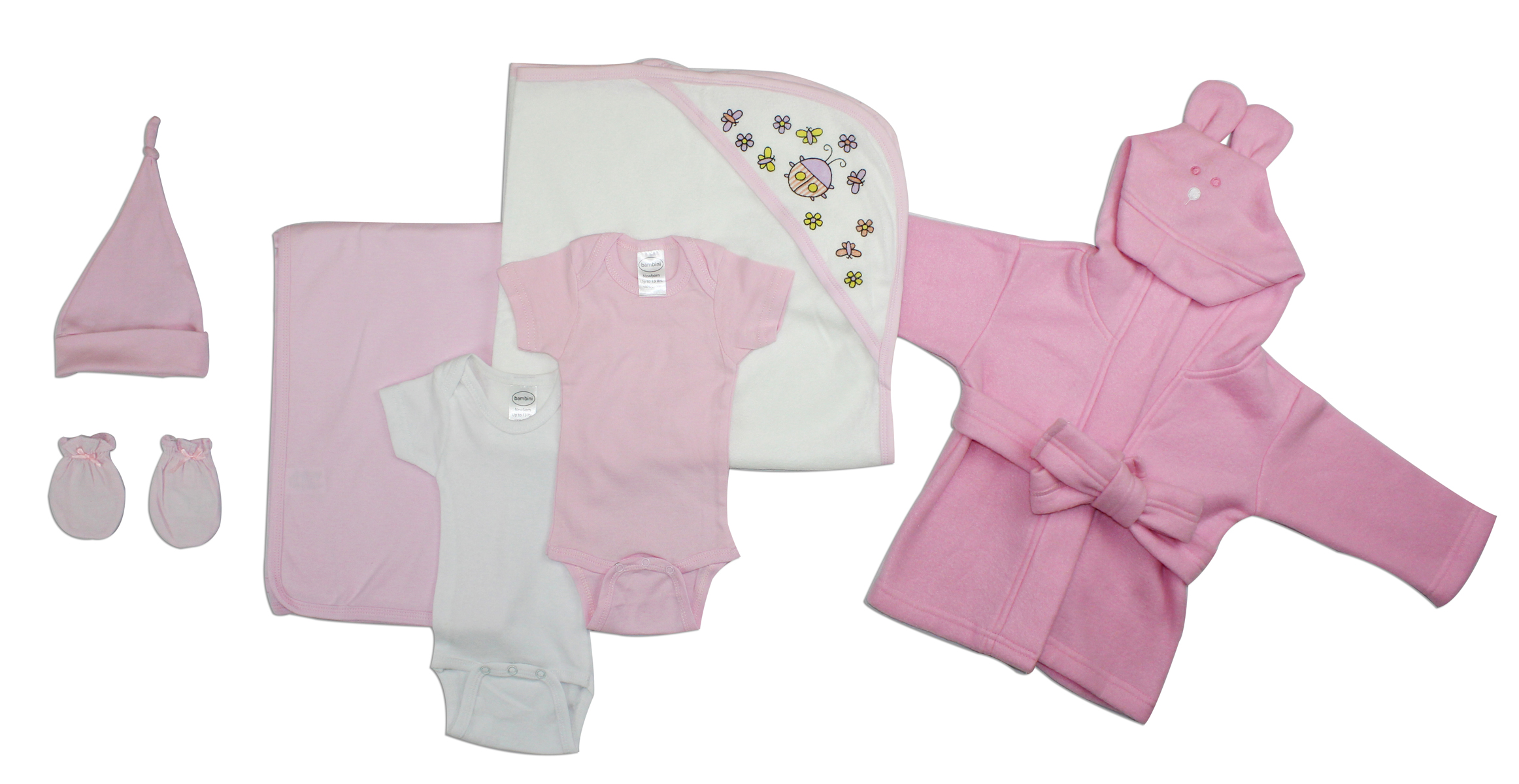 Essential Newborn Baby Girl 7 Piece Layette Set featuring soft cotton bodysuits and convenient designs for easy dressing.