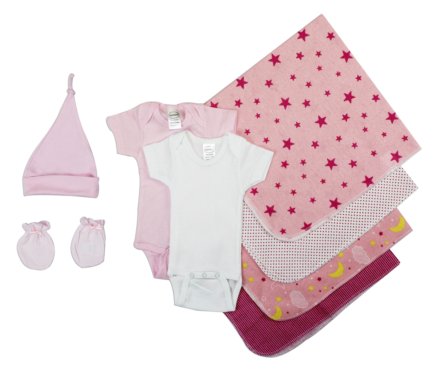 Essential Newborn Baby Girl 8 Piece Layette Set featuring soft cotton bodysuits in various patterns, perfect for newborn comfort.