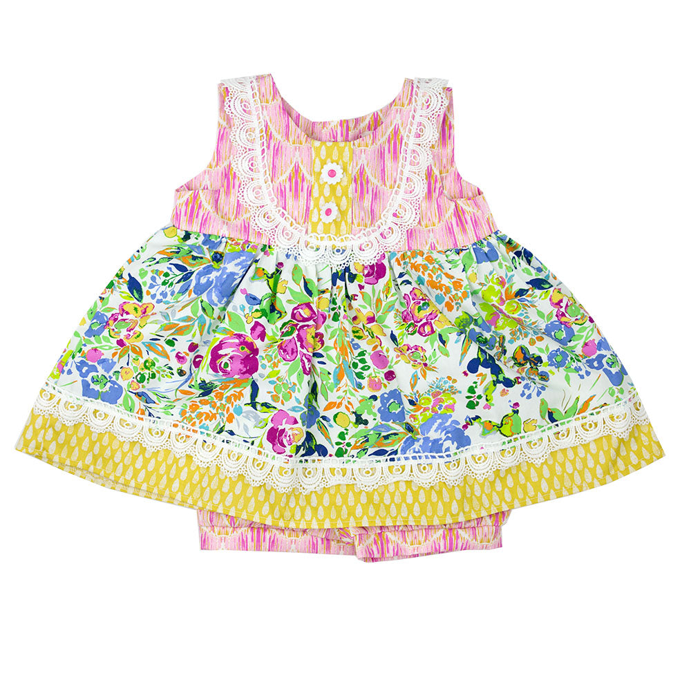 A vibrant Floral Fantasy Little Girls Short Set featuring a colorful floral print, perfect for summer wear.