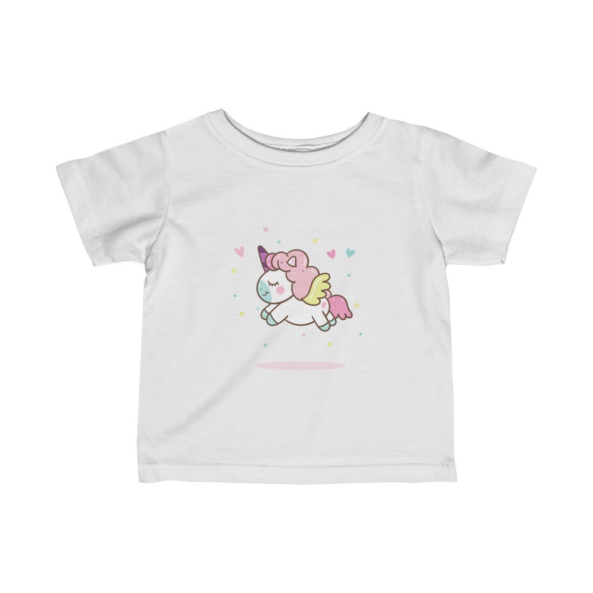 A soft and colorful Flying Smiling Unicorn Girls Tee featuring a vibrant unicorn design, perfect for infants.