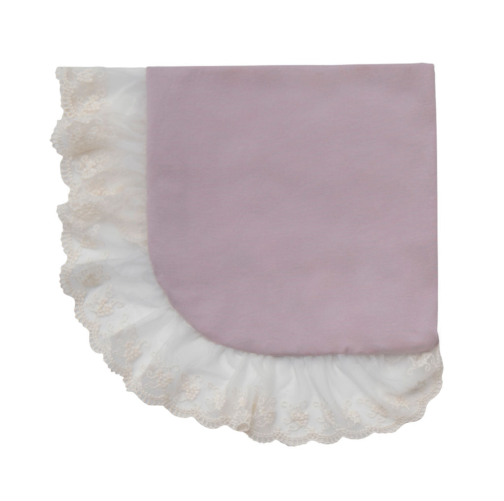 Genevie Blanket featuring creamy purple hues and classic lace detailing, perfect for babies.