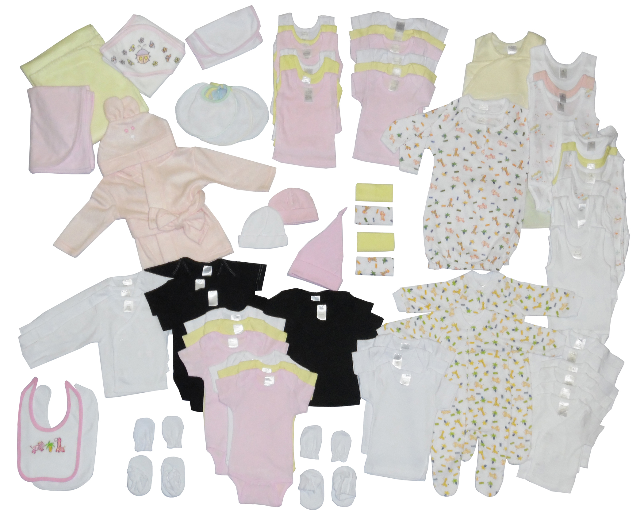 A beautifully arranged 72 Piece Baby Starter Set Box containing essential newborn items including clothing, blankets, and accessories.