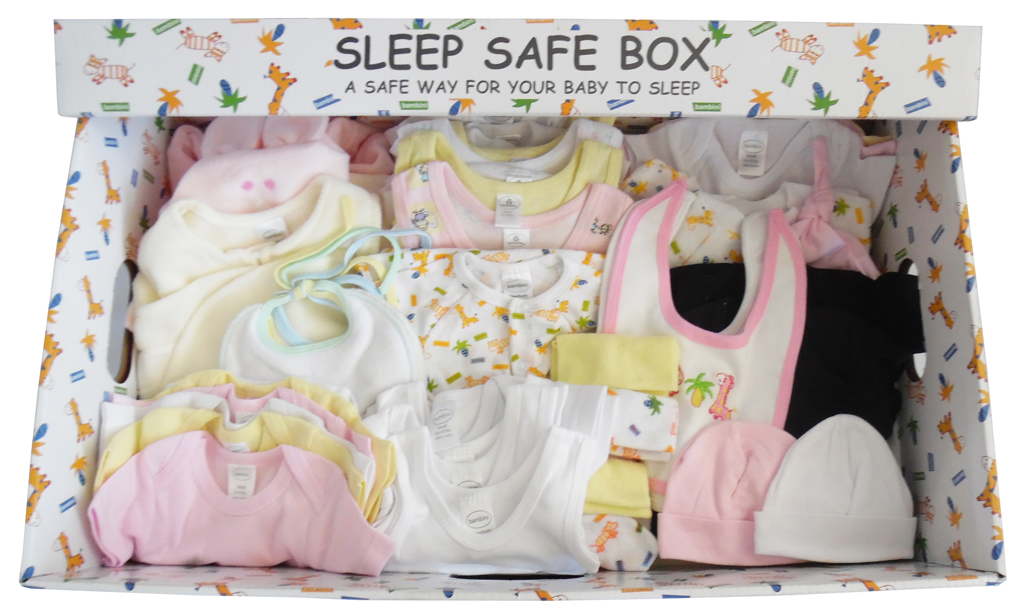 A beautifully arranged 72 Piece Baby Starter Set Box containing essential newborn items including clothing, blankets, and accessories.