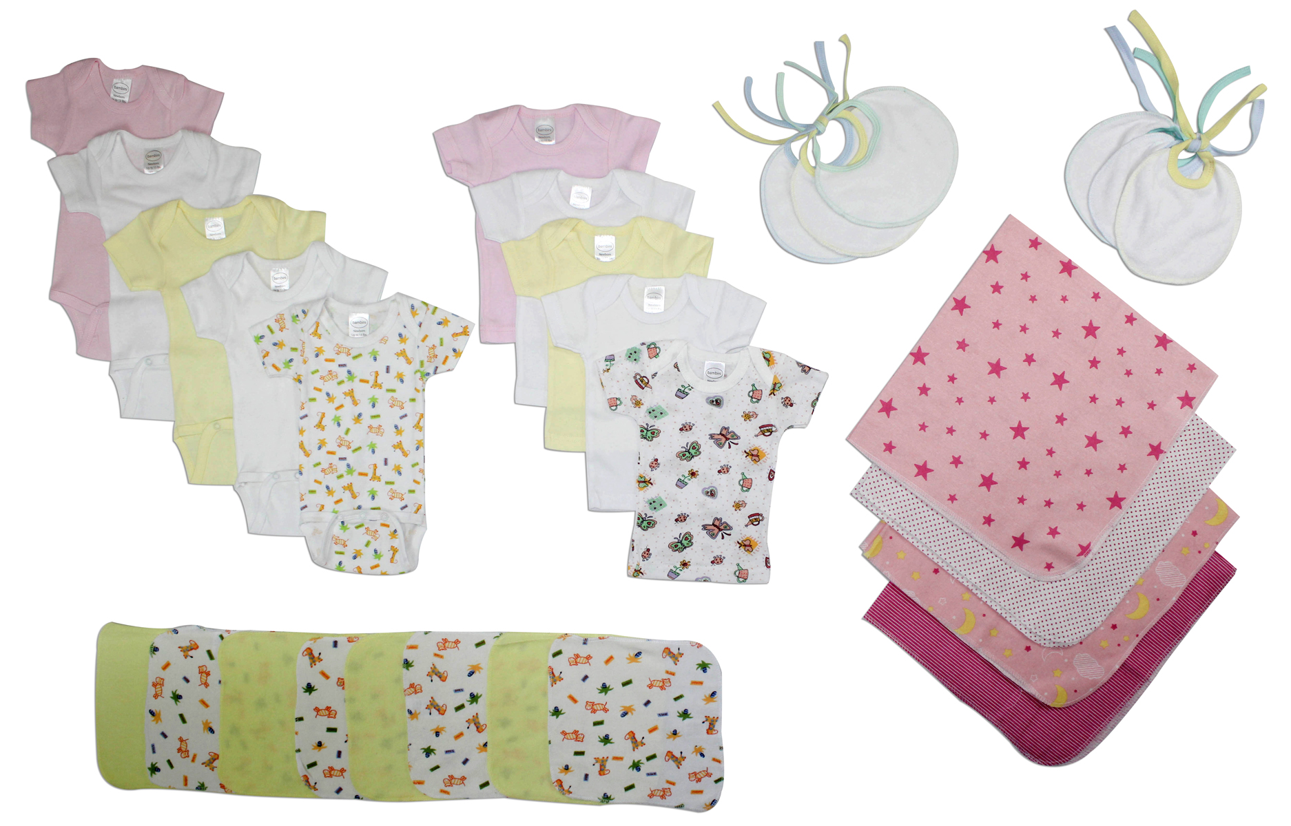 Girls' 28 Piece Layette Set featuring soft cotton onesies and essential newborn clothing items in various colors and patterns.