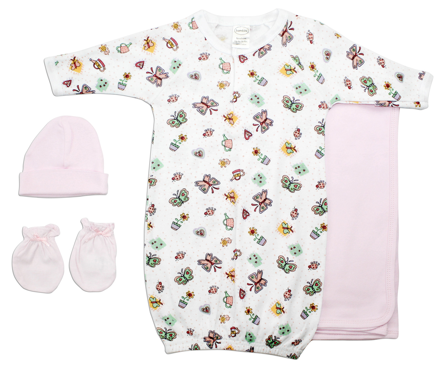 Girls' 4 Piece Layette Set featuring soft cotton fabric, expandable neckline, and convenient snap closures, perfect for newborn comfort.