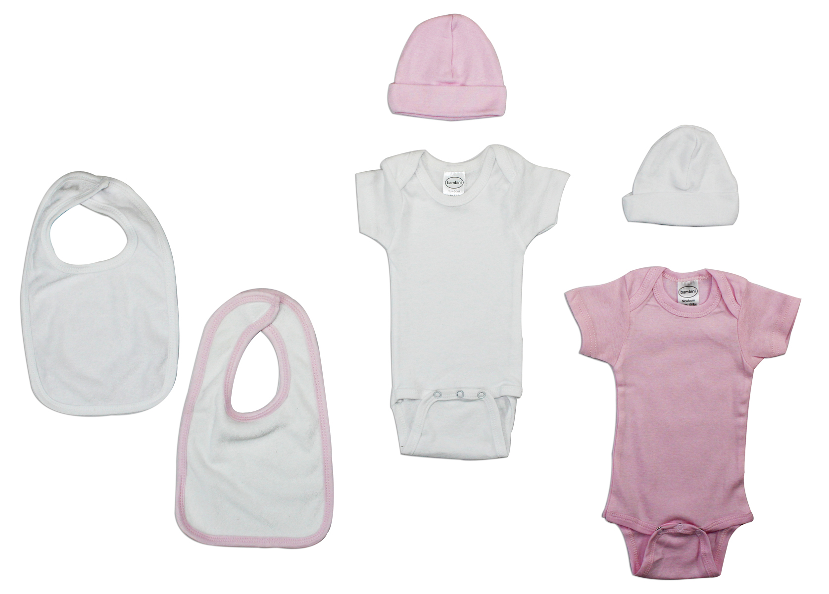 Girls' 6 Piece Layette Set featuring soft cotton bodysuits with expandable necklines and snap closures, perfect for newborn comfort.