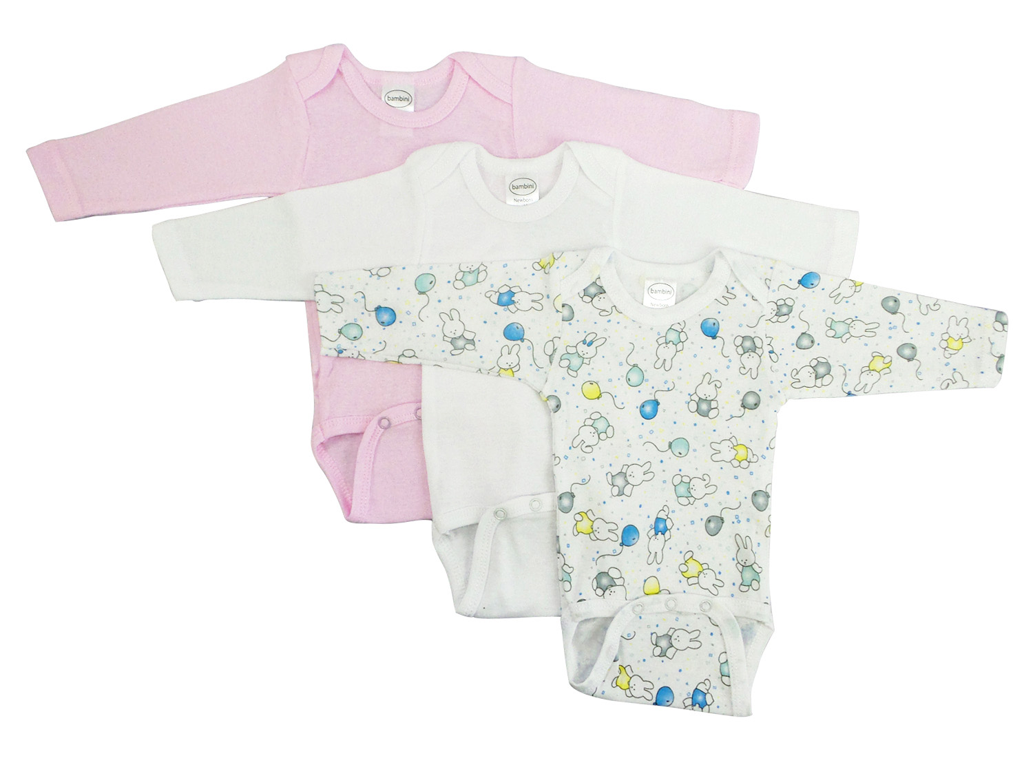 A colorful variety pack of girls' long sleeve printed onesies featuring fun patterns and designs, made from soft cotton rib knit fabric.