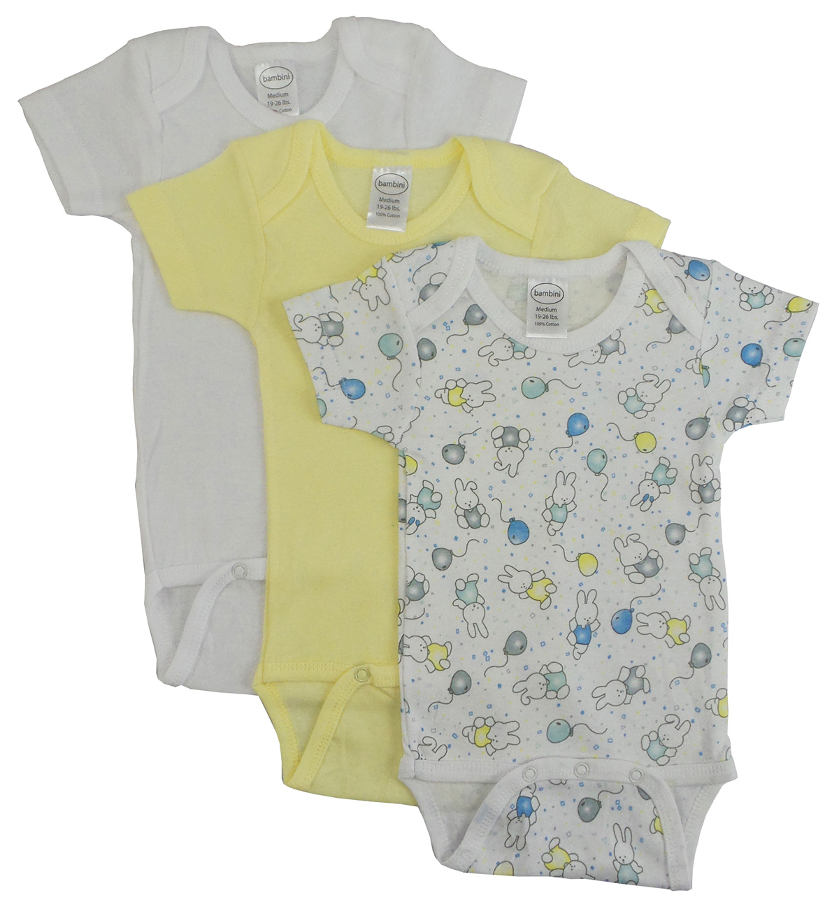 A colorful variety pack of girls' short sleeve one-piece outfits made from soft cotton rib knit fabric, featuring different playful prints.