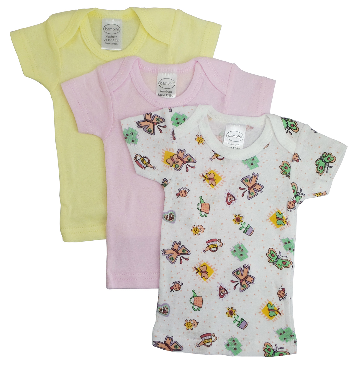 A colorful assortment of girls' short sleeve t-shirts featuring various fun prints, made from 100% rib knit cotton, perfect for spring and summer wear.