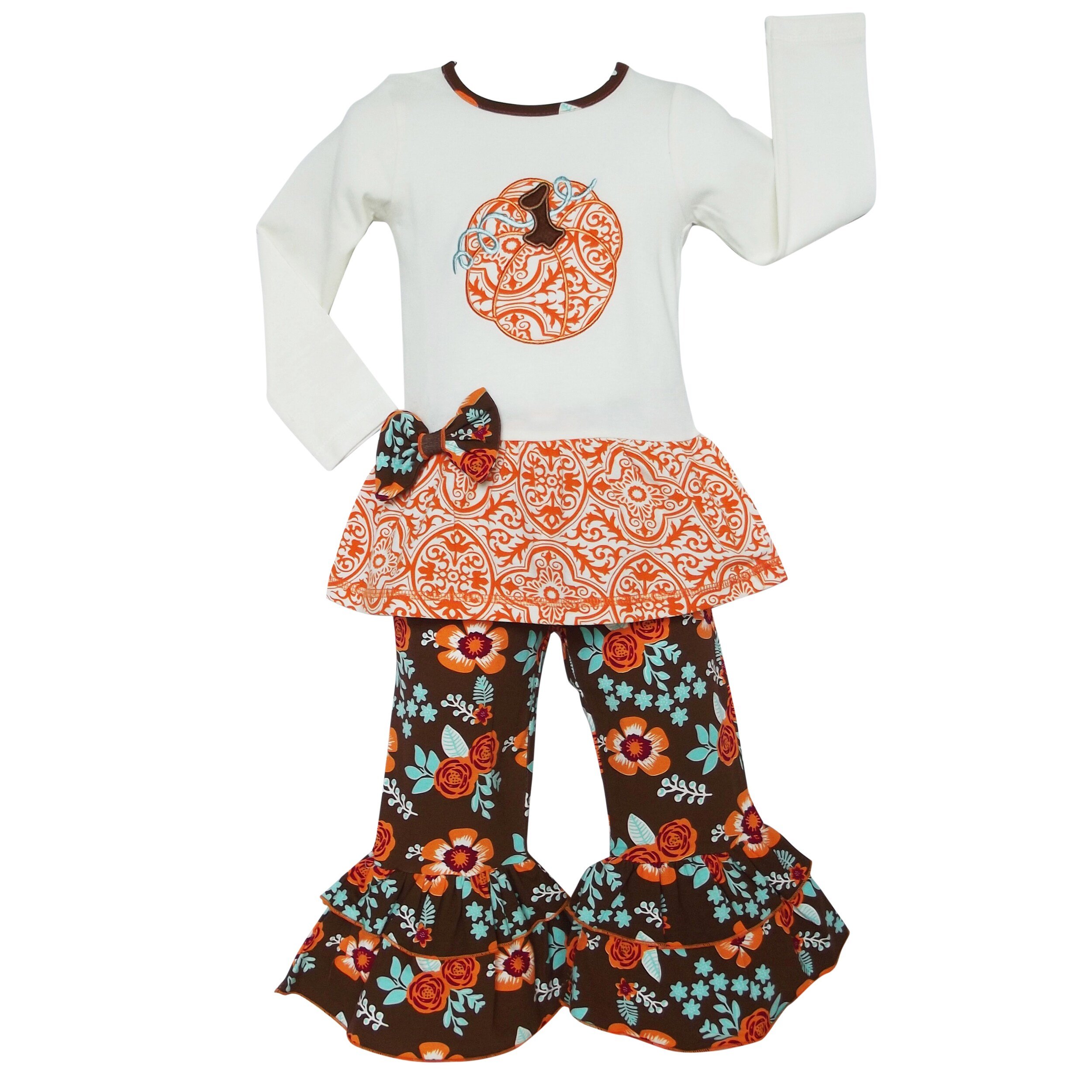 Girls Pumpkin Patch Autumn Floral outfit featuring a cream long sleeve shirt with pumpkin embroidery and floral pants with ruffled bottoms.