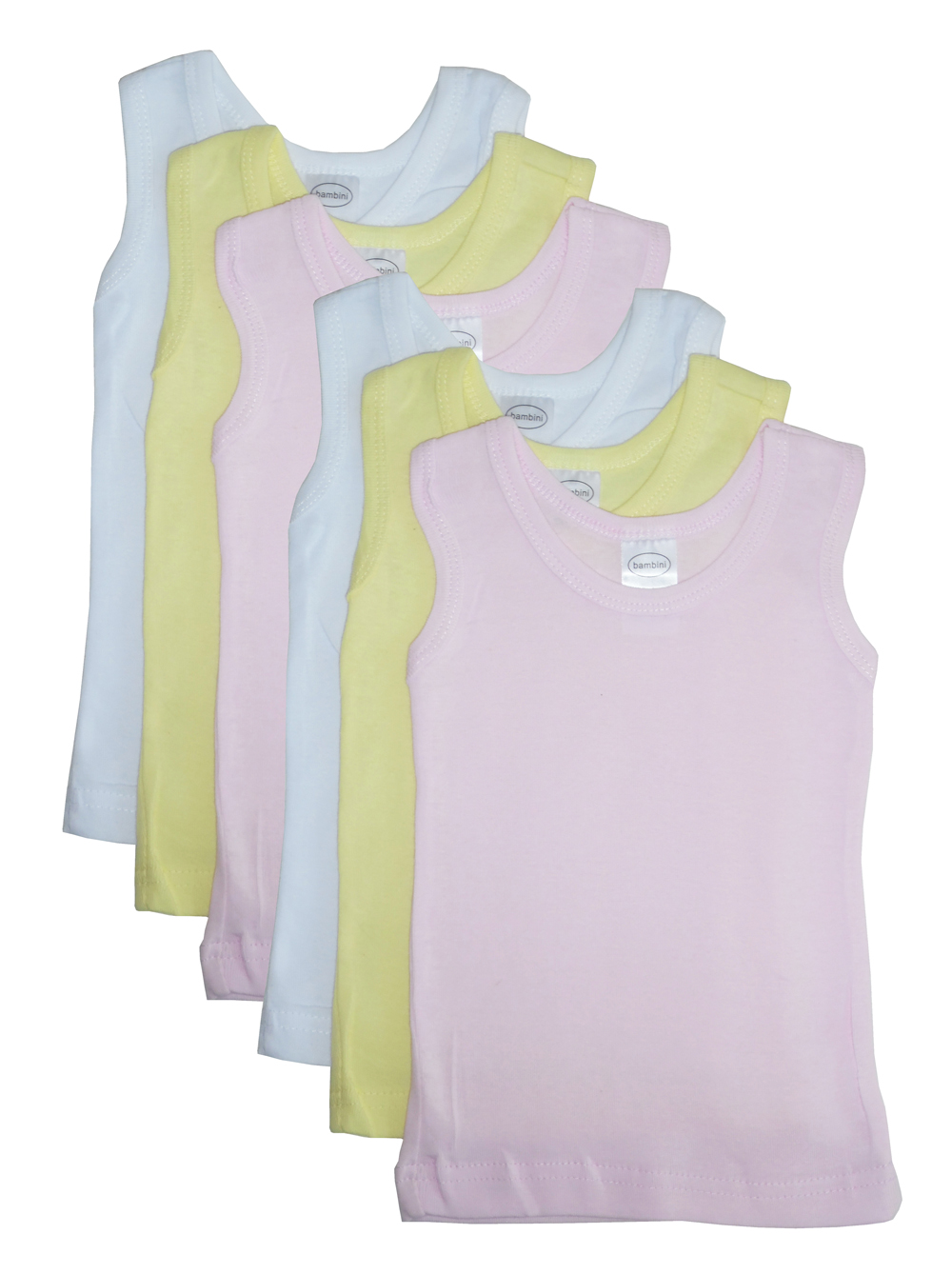 A colorful assortment of six pastel tank tops for girls, made from soft cotton fabric, perfect for spring and Easter celebrations.