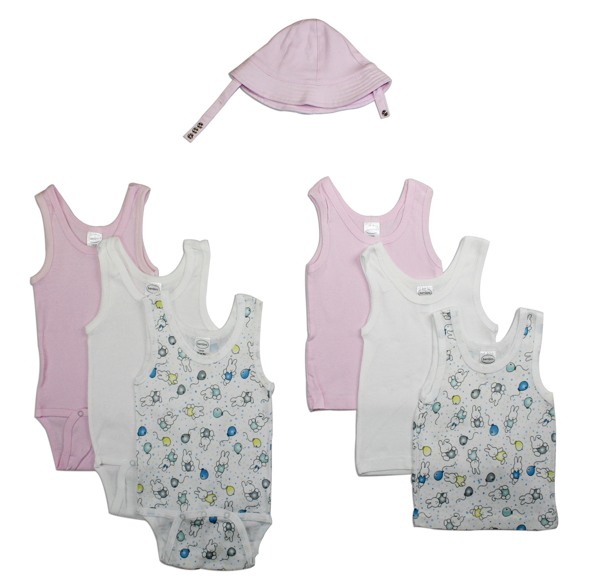 Girls' Summer 7 Piece Layette Set featuring soft cotton fabric, expandable neckline, and pastel infant sun hat.