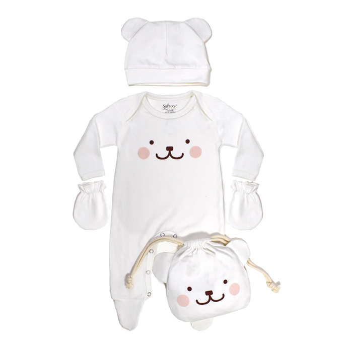 Happy Bear Newborn Set featuring a footed onesie, bear ear hat, and mittens, all made from 100% organic cotton.