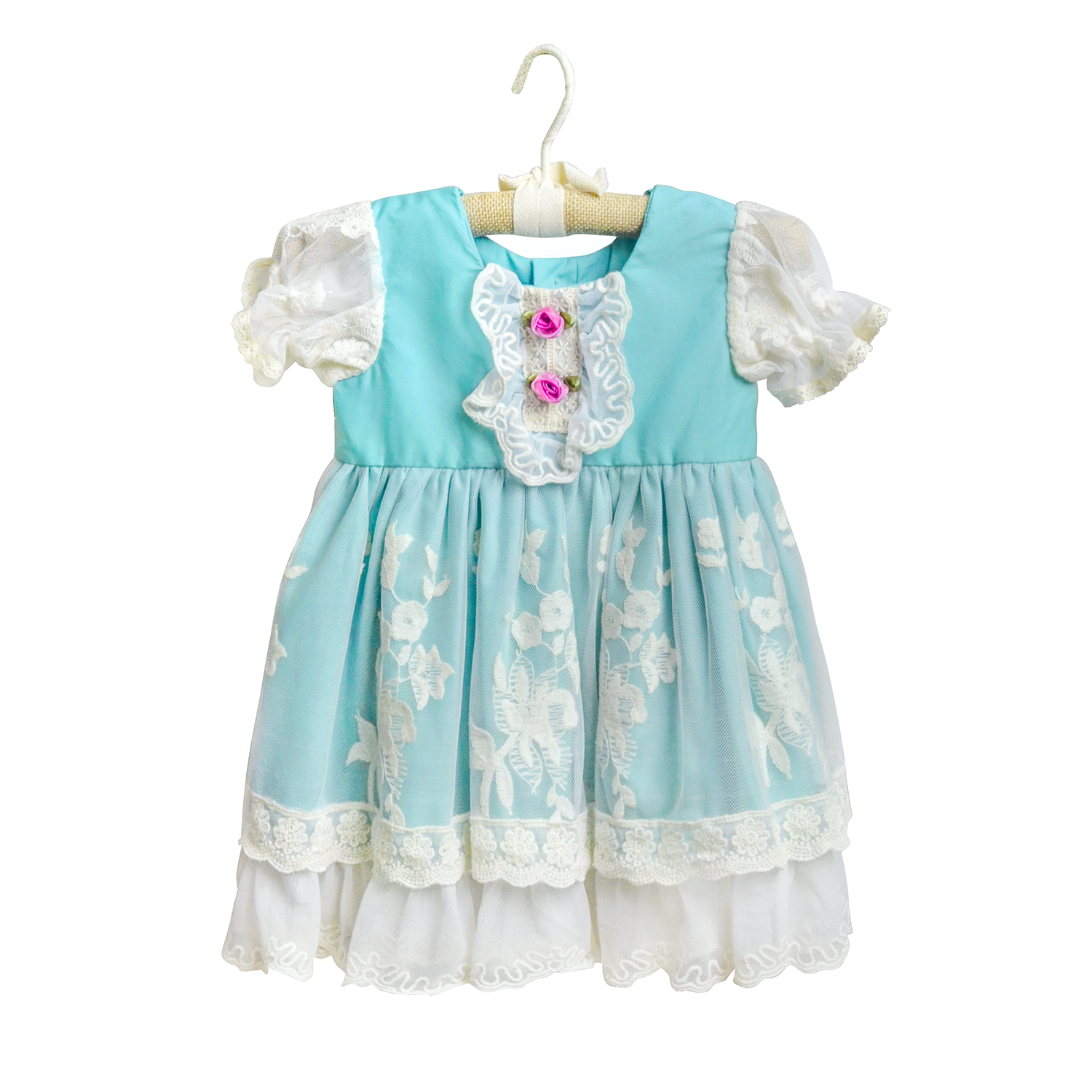 Harper Baby Dress in turquoise featuring ruffles, lace, and rosettes, perfect for infants.