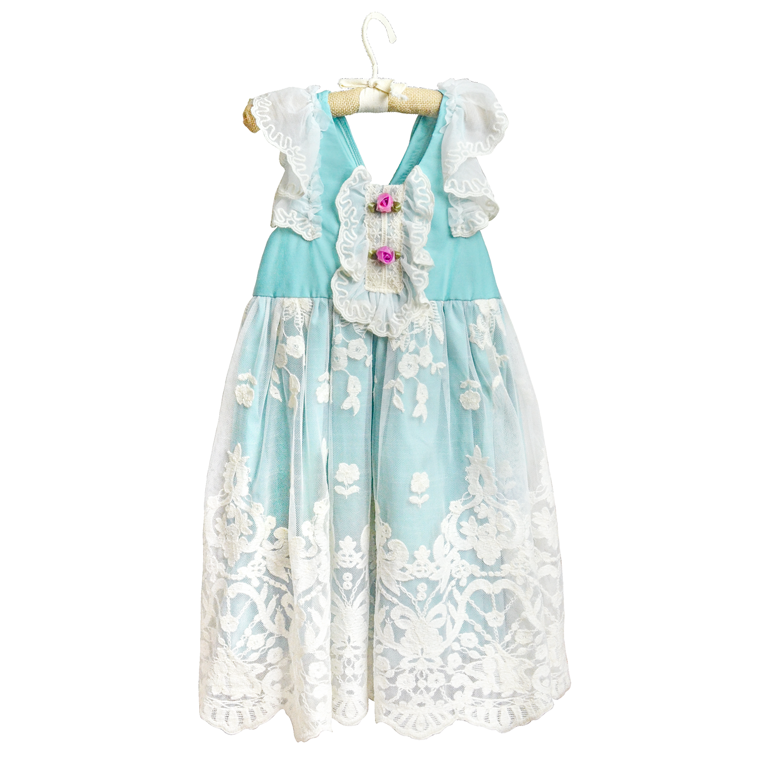 A lovely turquoise Harper Dress featuring ruffles, lace, and rosettes, perfect for little girls.