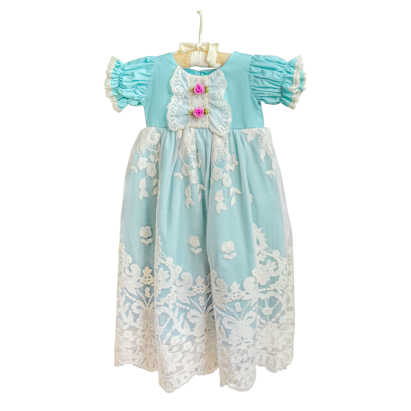 A beautiful turquoise baby gown with ruffles, lace, and rosettes, perfect for special occasions.