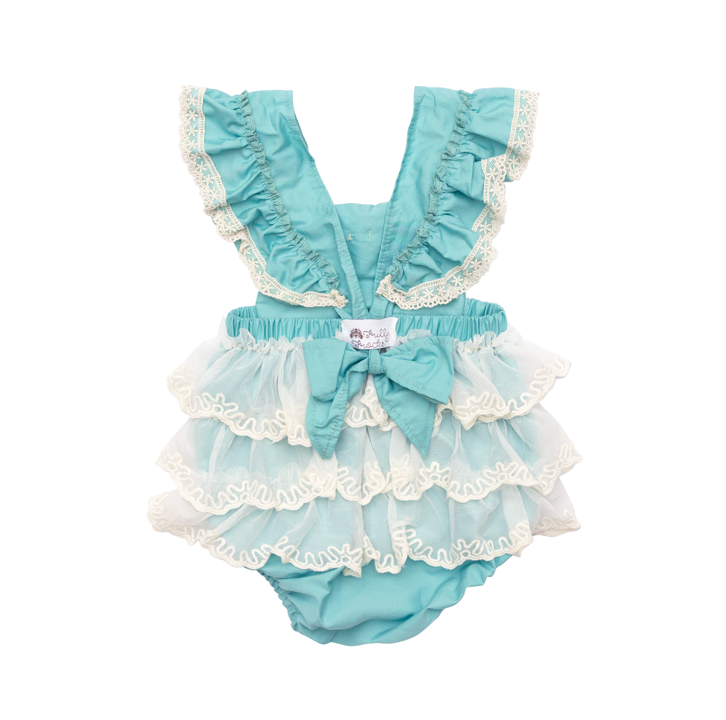 A beautiful turquoise sunsuit for girls featuring ruffles, lace, and rosettes, perfect for summer wear.