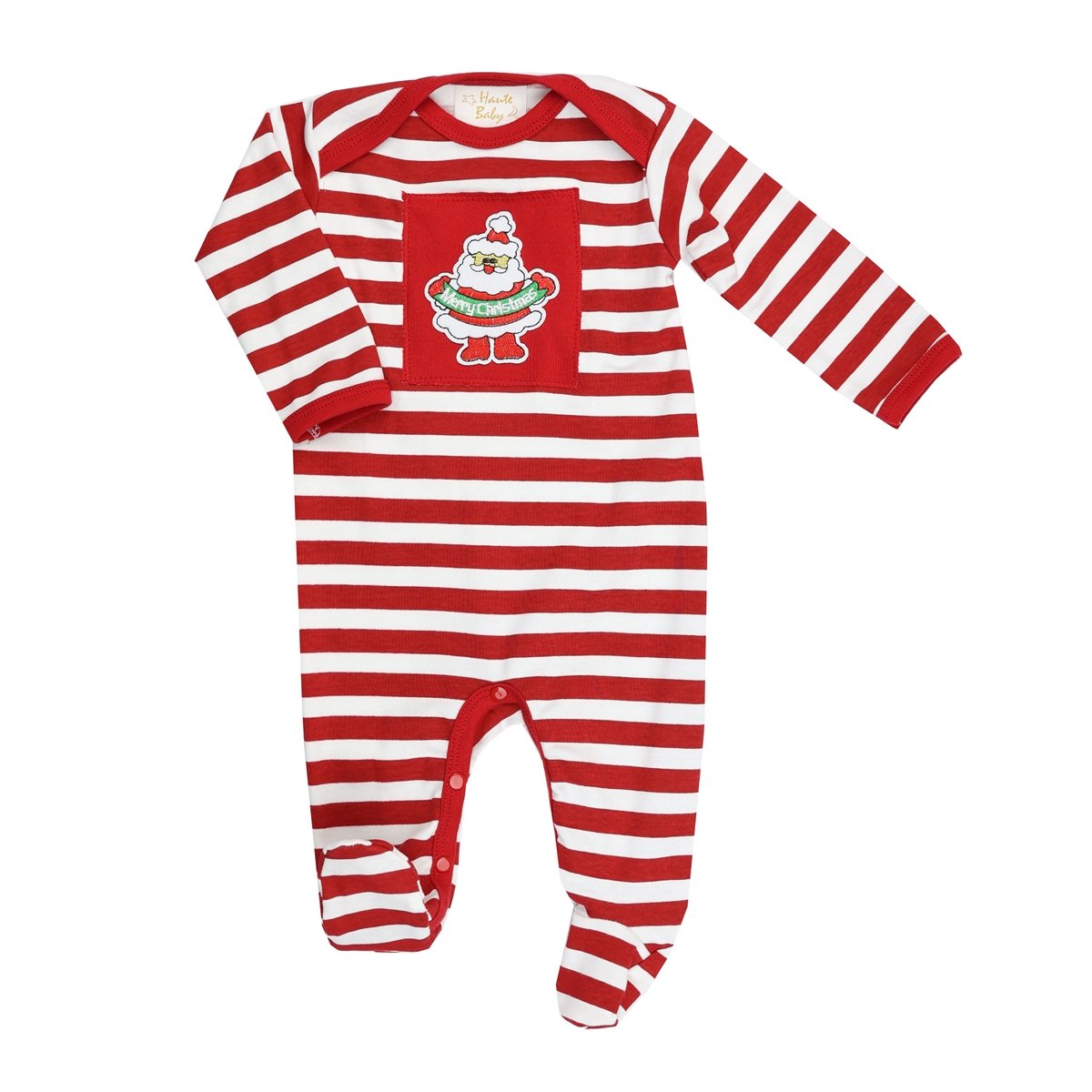 A cozy Holly Jolly Boy Footie featuring a festive design, perfect for infants and toddlers during the holiday season.