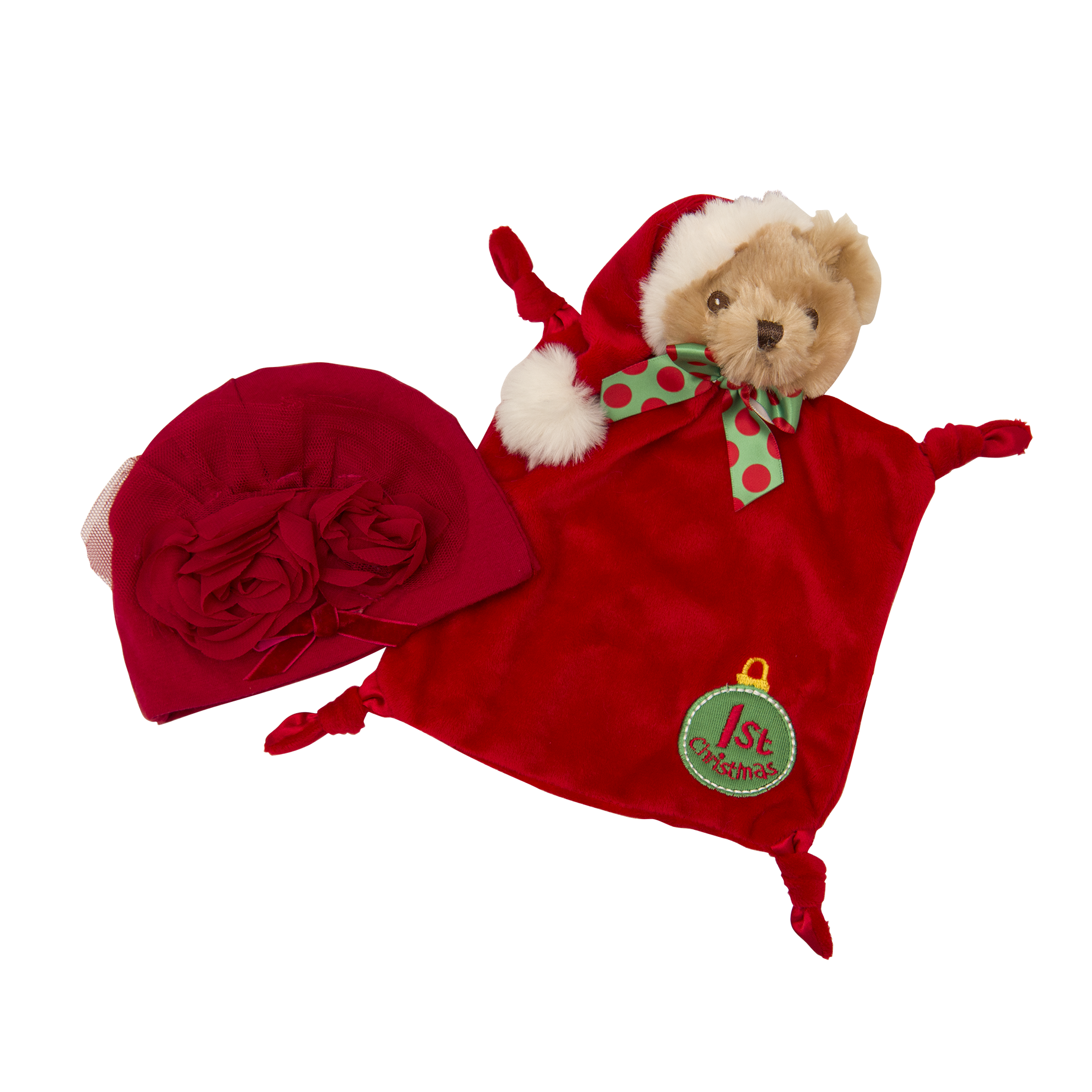 Holly Jolly Girl Cap Gift Set featuring a red velvet cap and a Santa bear plush toy blanket, perfect for baby's first Christmas.