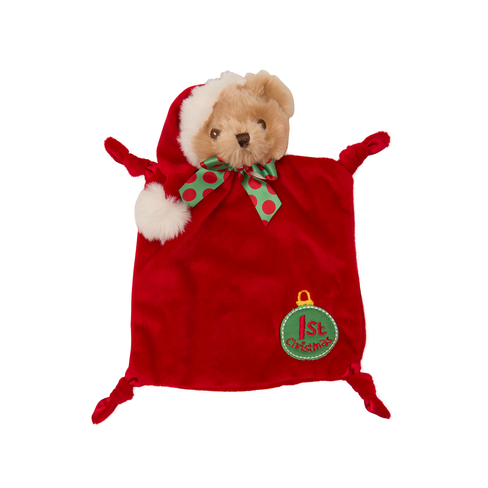 Holly Jolly Girl Cap Gift Set featuring a red velvet cap and a Santa bear plush toy blanket, perfect for baby's first Christmas.