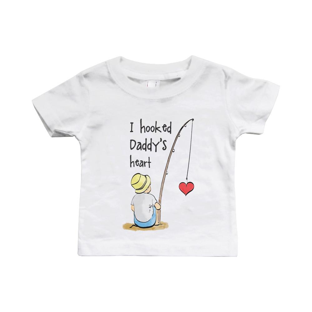 I Hooked Daddy's Heart Baby Shirt in soft cotton, featuring a cute fishing-themed design for infants.