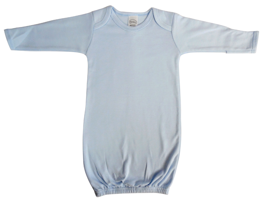 Infant blue gown with long sleeves and mitten cuffs, made from soft cotton fabric, designed for warmth and comfort during autumn and winter.