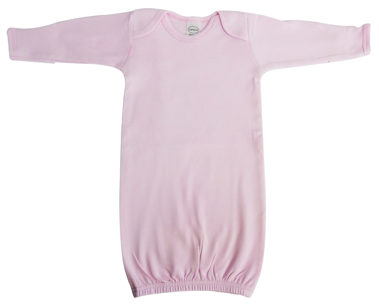 Infant pink gown with long sleeves and mitten cuffs, made from soft cotton, perfect for keeping babies warm.