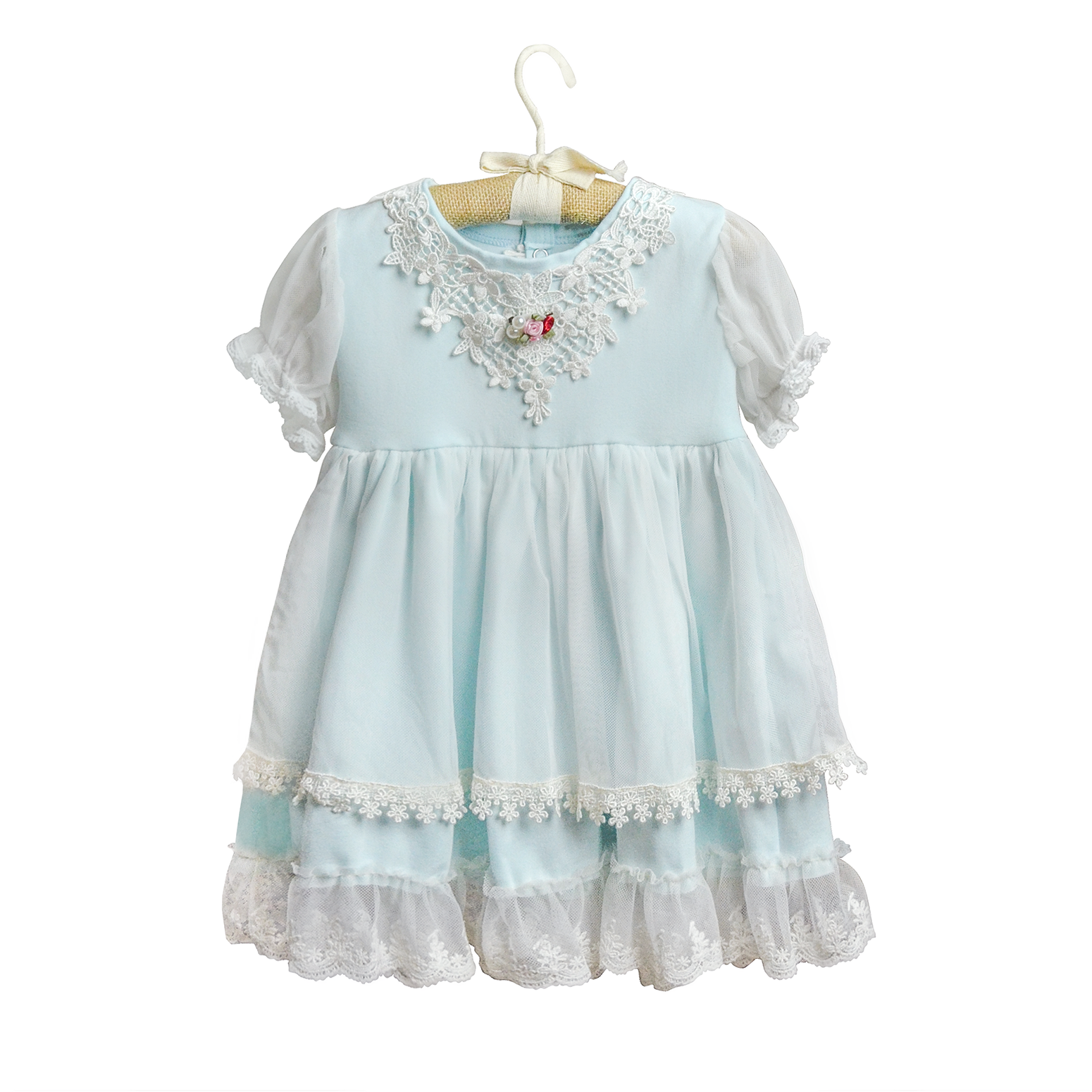 Pastel blue Iris Baby Dress featuring rosettes and a lace collar, perfect for young girls.