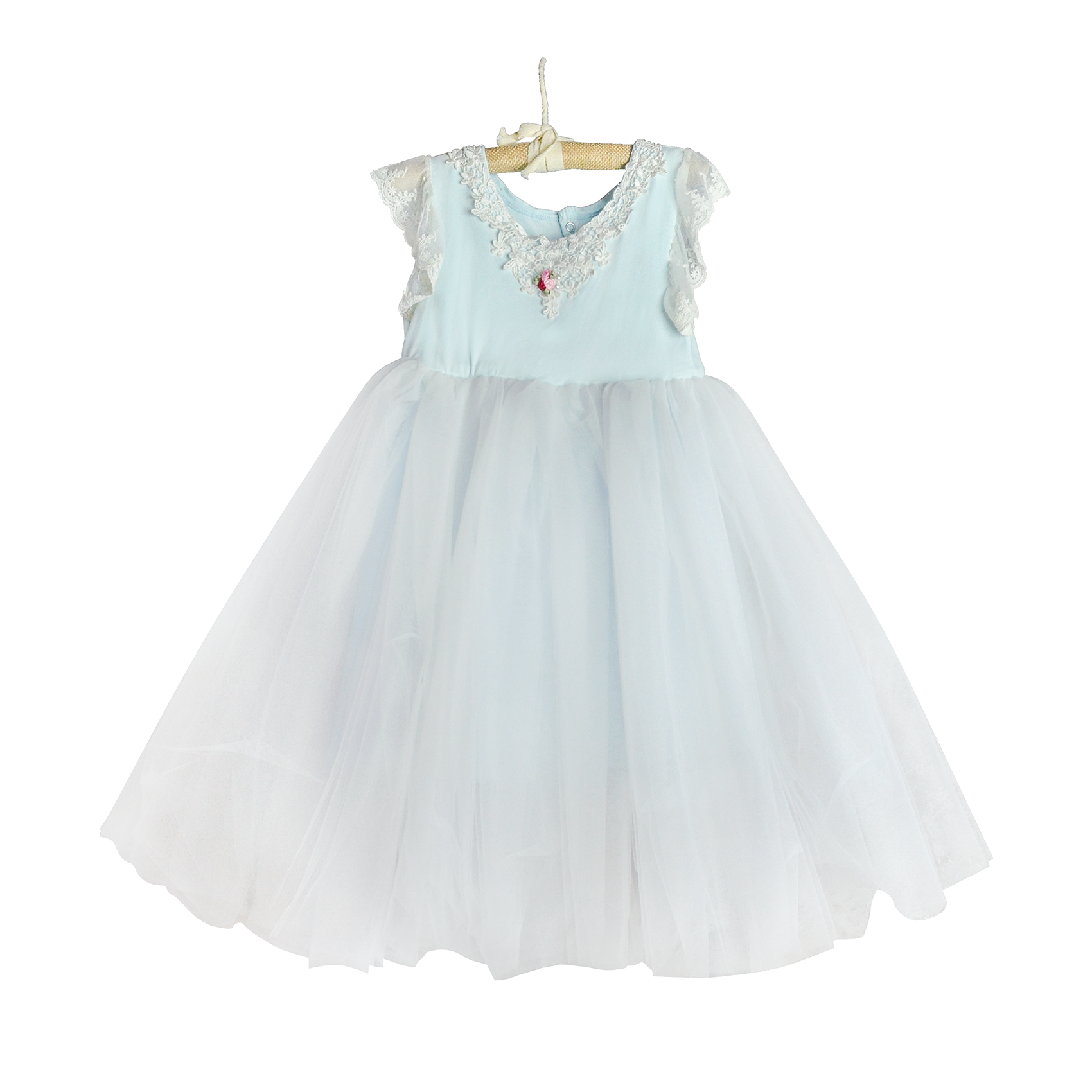 Pastel blue Iris Big Girl Tulle Dress with layered tulle skirt, perfect for flower girls and Halloween costumes.