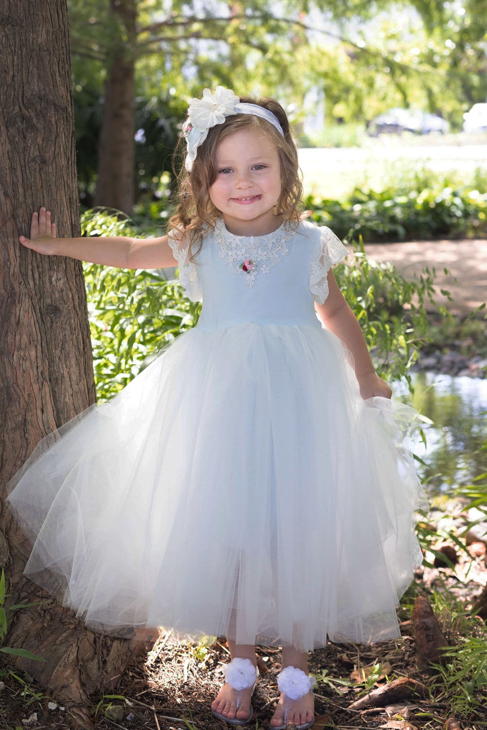 Pastel blue Iris Big Girl Tulle Dress with layered tulle skirt, perfect for flower girls and Halloween costumes.