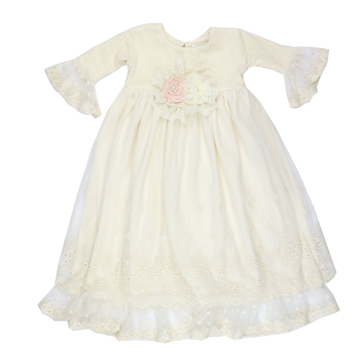 Juliet Take Me Home Baby Girls Gown featuring off-white fabric with lace and rosettes, perfect for newborns.