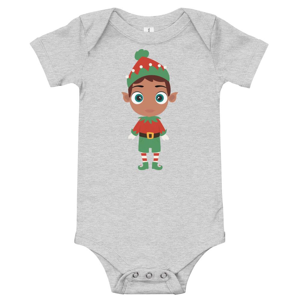 Kritter Christmas Elf Boy Baby Bodysuit in festive green with red accents, featuring an envelope neckline and snap closures.