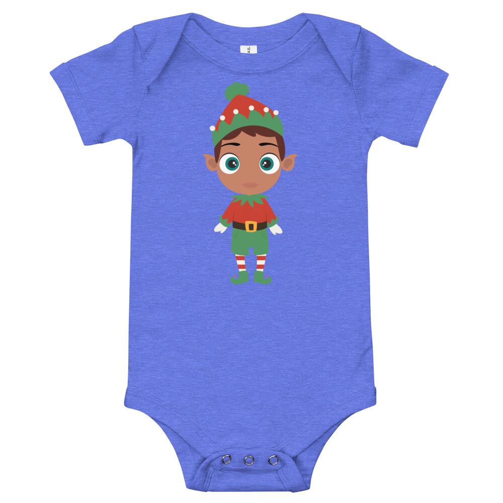 Kritter Christmas Elf Boy Baby Bodysuit in festive green with red accents, featuring an envelope neckline and snap closures.