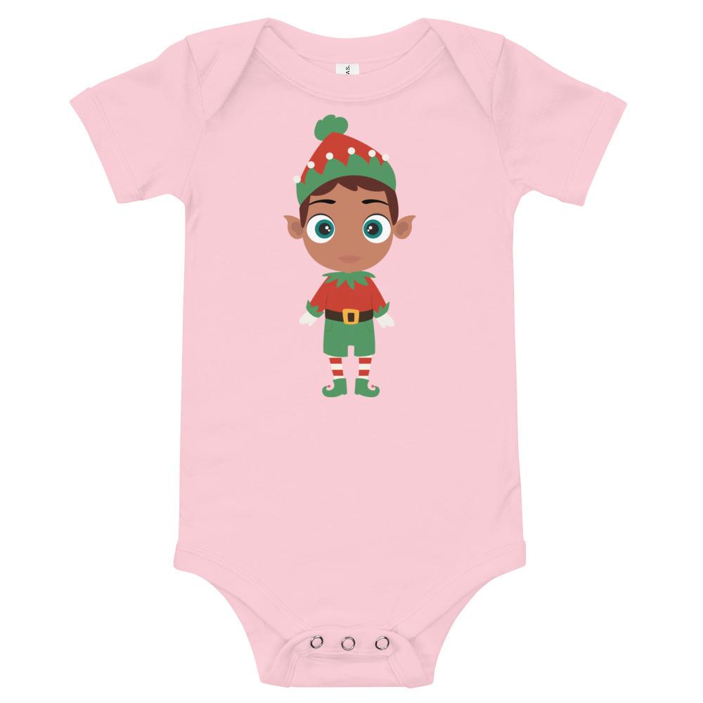 Kritter Christmas Elf Boy Baby Bodysuit in festive green with red accents, featuring an envelope neckline and snap closures.