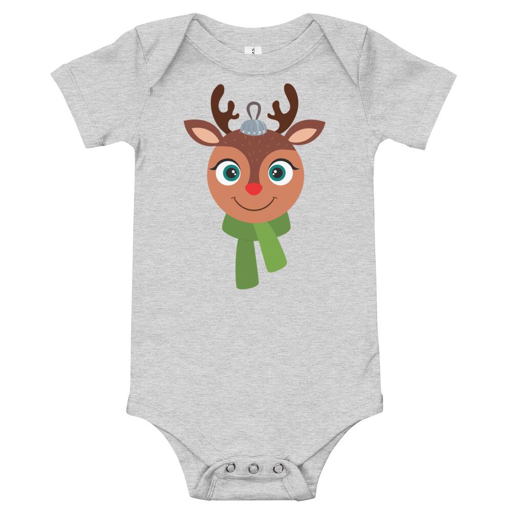 Kritter Christmas Rudolph Reindeer Ornament Baby Bodysuit in soft cotton, featuring an envelope neckline and snap leg closure.