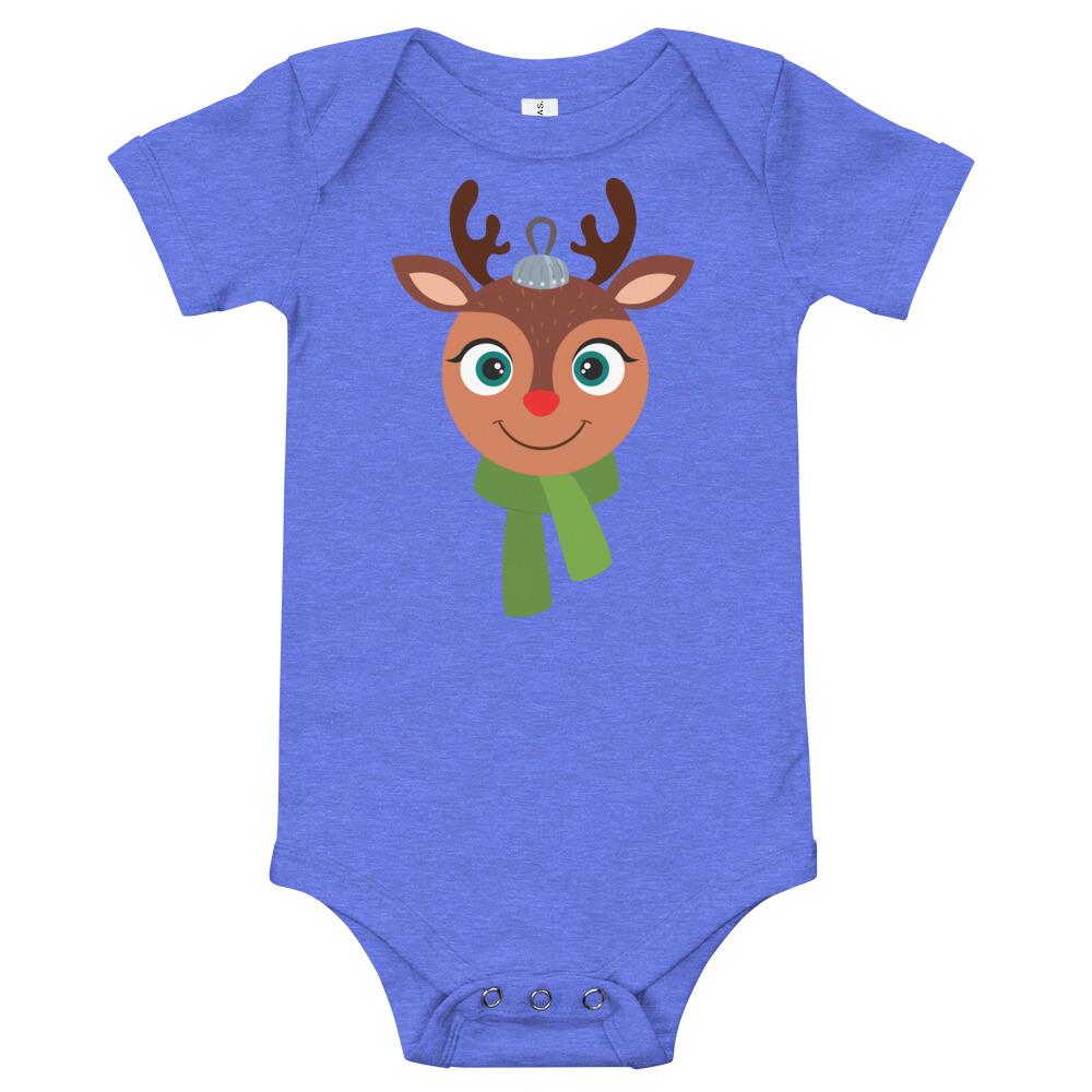 Kritter Christmas Rudolph Reindeer Ornament Baby Bodysuit in soft cotton, featuring an envelope neckline and snap leg closure.