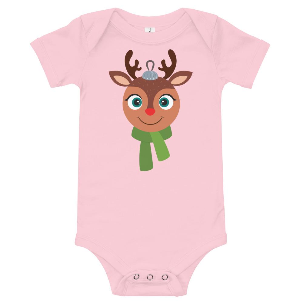 Kritter Christmas Rudolph Reindeer Ornament Baby Bodysuit in soft cotton, featuring an envelope neckline and snap leg closure.