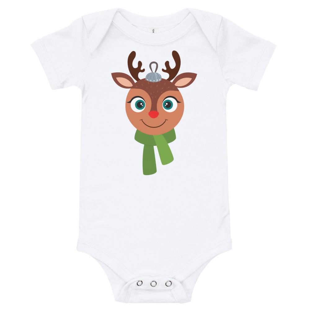 Kritter Christmas Rudolph Reindeer Ornament Baby Bodysuit in soft cotton, featuring an envelope neckline and snap leg closure.